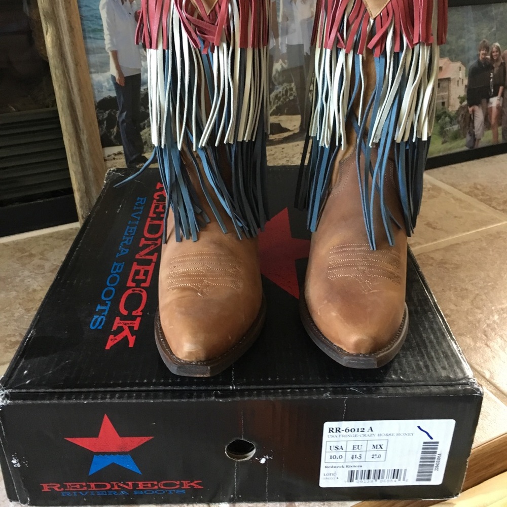 Fringed Western Heeled Boots - Brown with Red, White & Blue Fringe - Picture 7 of 7